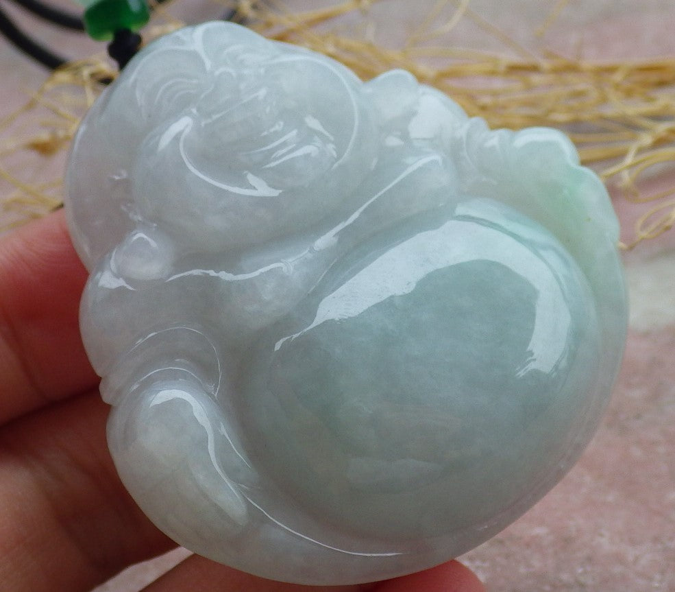 Certified Icy Green Burma 100% Natural A Jade jadeite pendant Happy Buddha God Necklace 开心佛 639505 TN