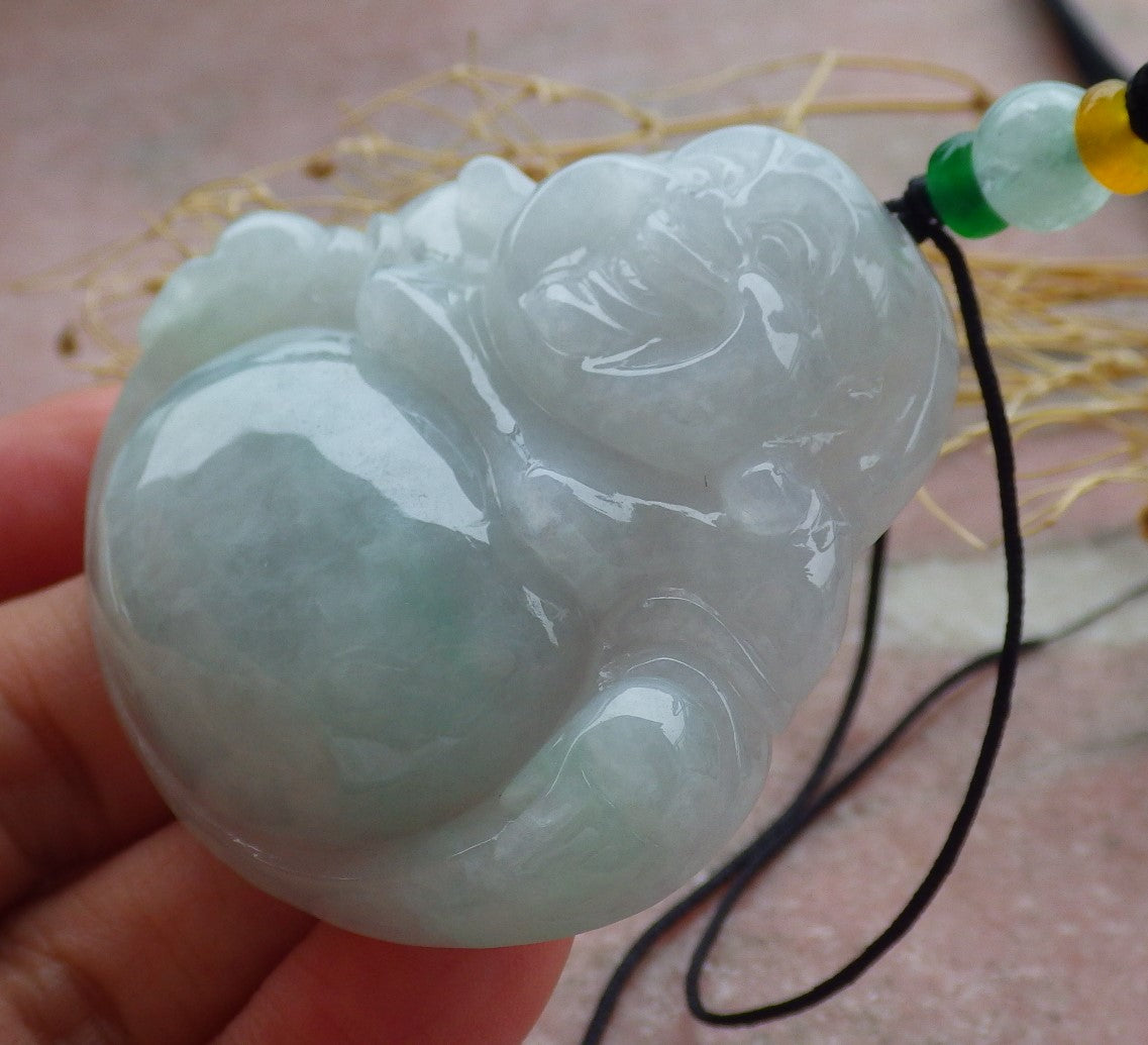 Certified Icy Green Burma 100% Natural A Jade jadeite pendant Happy Buddha God Necklace 开心佛 639505 TN