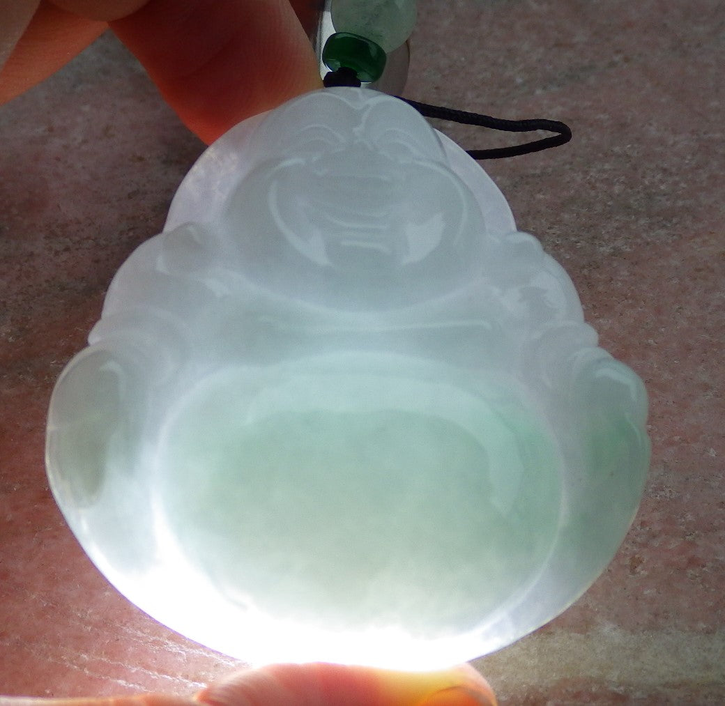 Certified Icy Green Burma 100% Natural A Jade jadeite pendant Happy Buddha God Necklace 开心佛 639505 TN