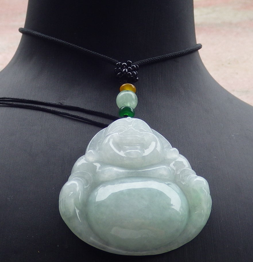Certified Icy Green Burma 100% Natural A Jade jadeite pendant Happy Buddha God Necklace 开心佛 639505 TN