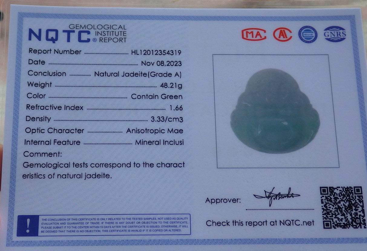 Certified Icy Green Burma 100% Natural A Jade jadeite pendant Happy Buddha God Necklace 开心佛 639505 TN