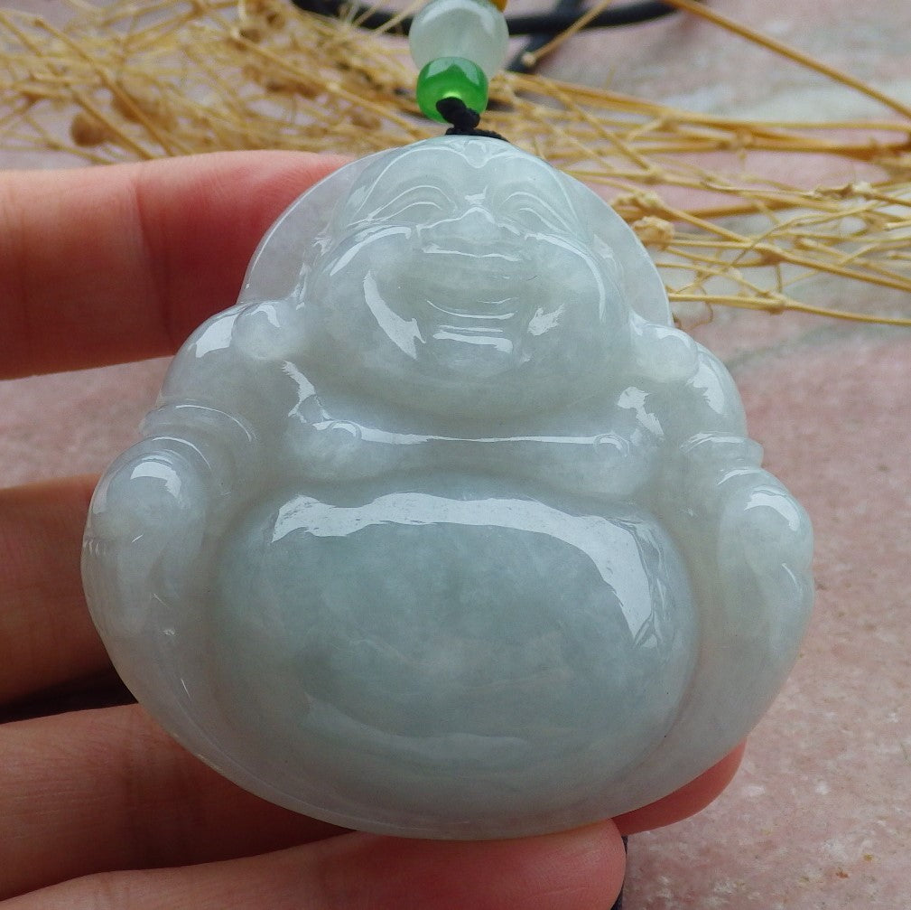 Certified Icy Green Burma 100% Natural A Jade jadeite pendant Happy Buddha God Necklace 开心佛 639523 TN
