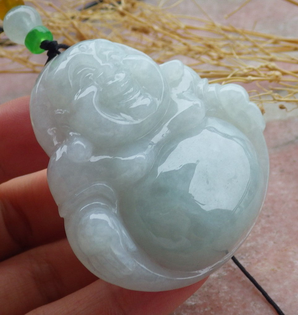 Certified Icy Green Burma 100% Natural A Jade jadeite pendant Happy Buddha God Necklace 开心佛 639523 TN