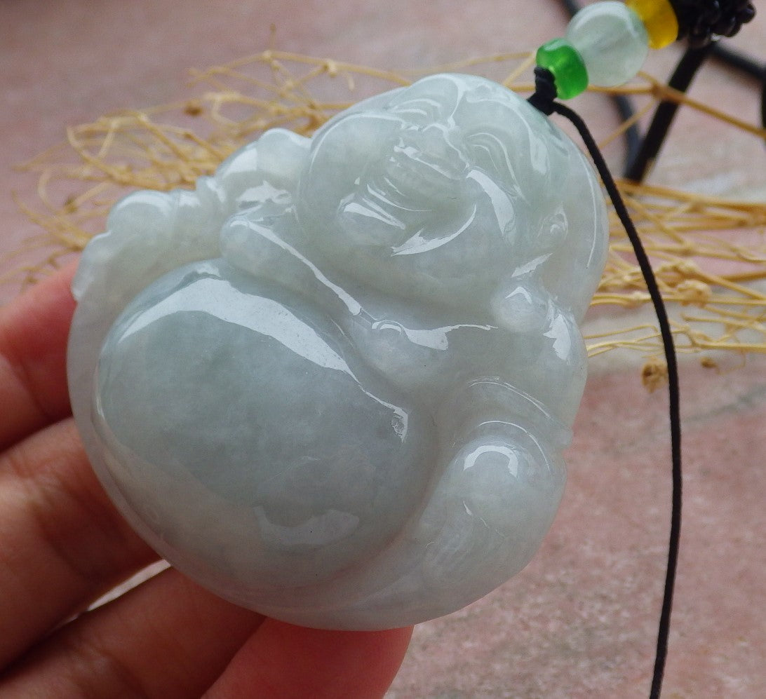 Certified Icy Green Burma 100% Natural A Jade jadeite pendant Happy Buddha God Necklace 开心佛 639523 TN