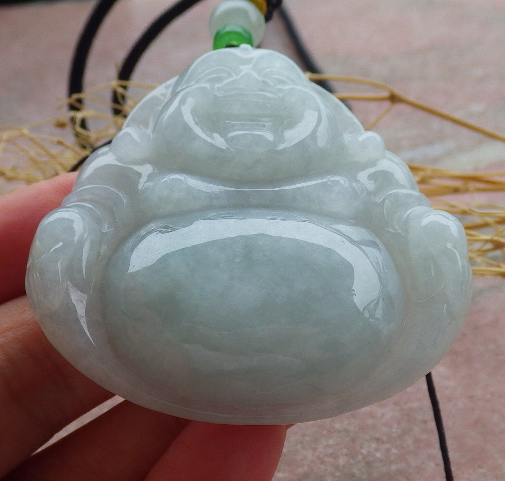 Certified Icy Green Burma 100% Natural A Jade jadeite pendant Happy Buddha God Necklace 开心佛 639523 TN