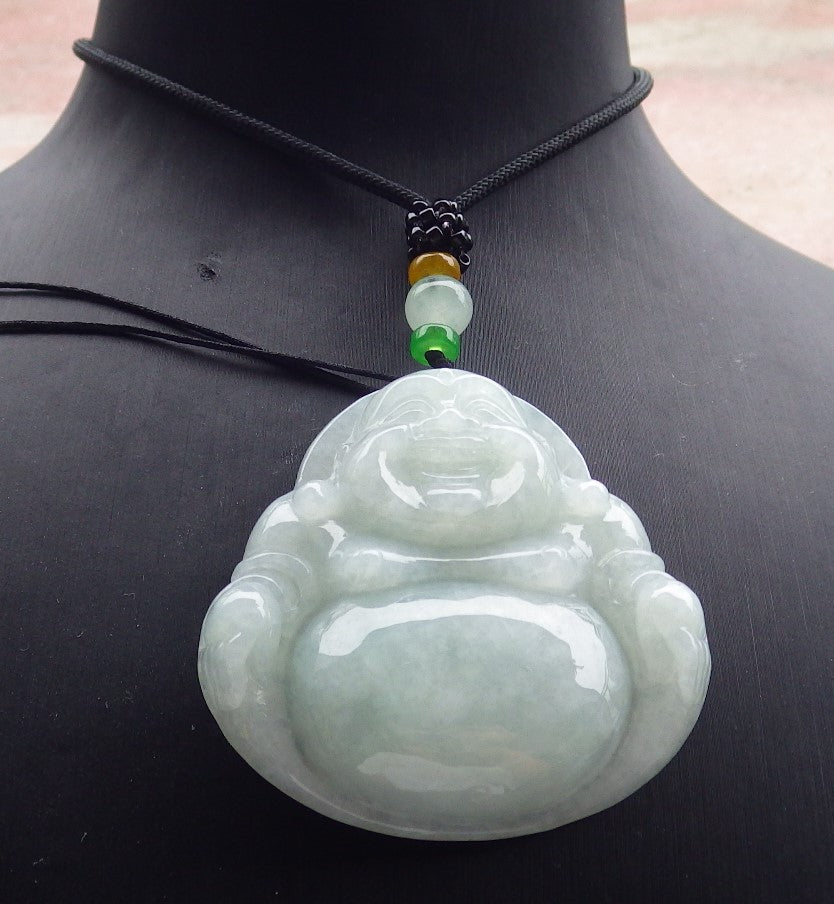 Certified Icy Green Burma 100% Natural A Jade jadeite pendant Happy Buddha God Necklace 开心佛 639523 TN