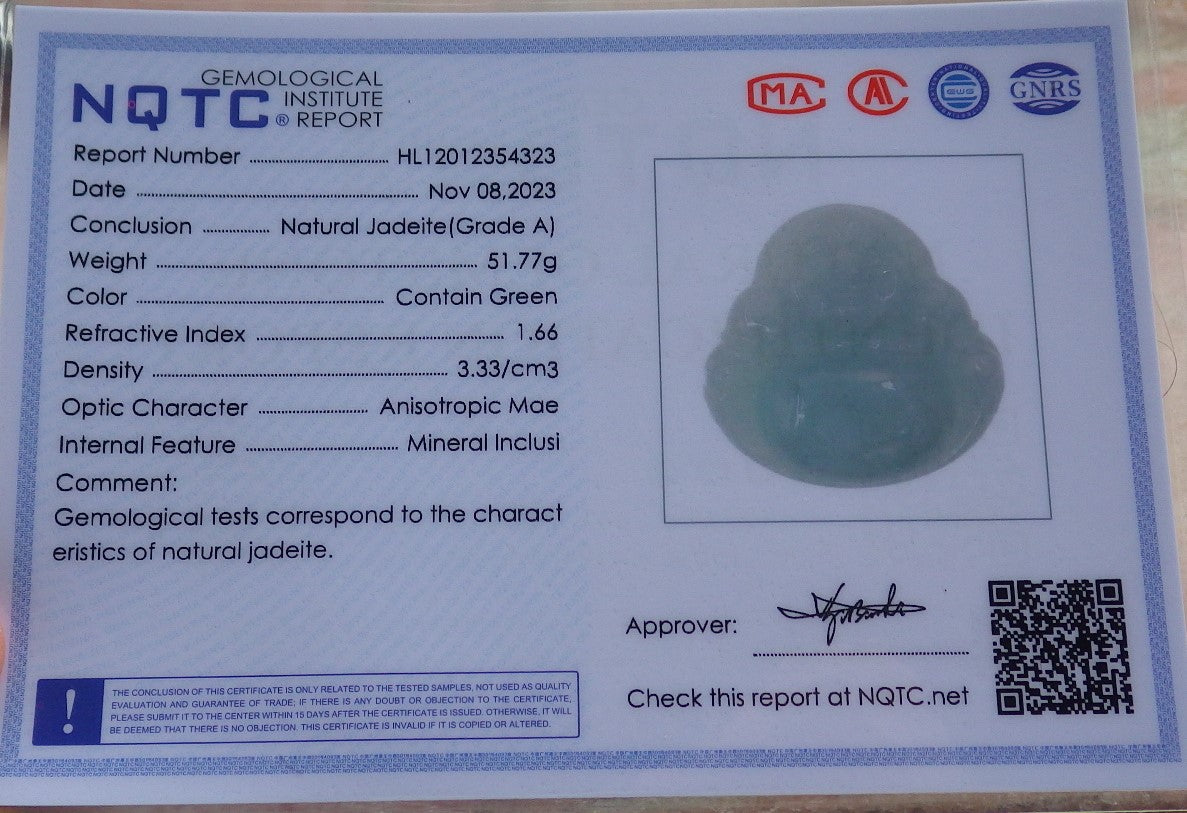 Certified Icy Green Burma 100% Natural A Jade jadeite pendant Happy Buddha God Necklace 开心佛 639523 TN