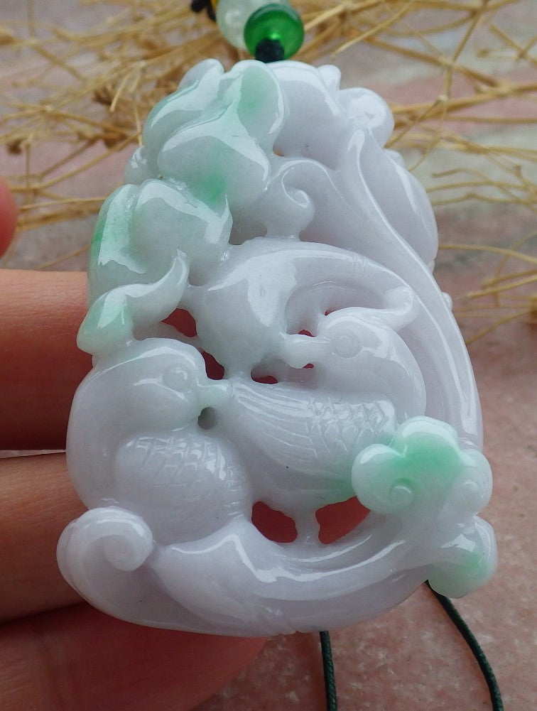 Certified Green Burma 100% Natural A Jade jadeite pendant Mandarin Duck Lotus Flower Ruyi Necklace 639622 TN