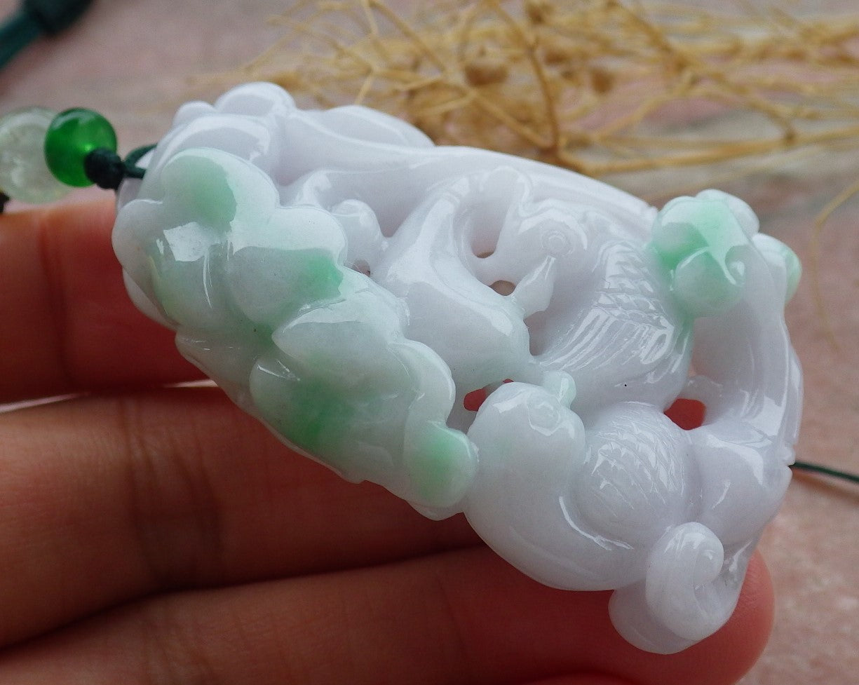 Certified Green Burma 100% Natural A Jade jadeite pendant Mandarin Duck Lotus Flower Ruyi Necklace 639622 TN