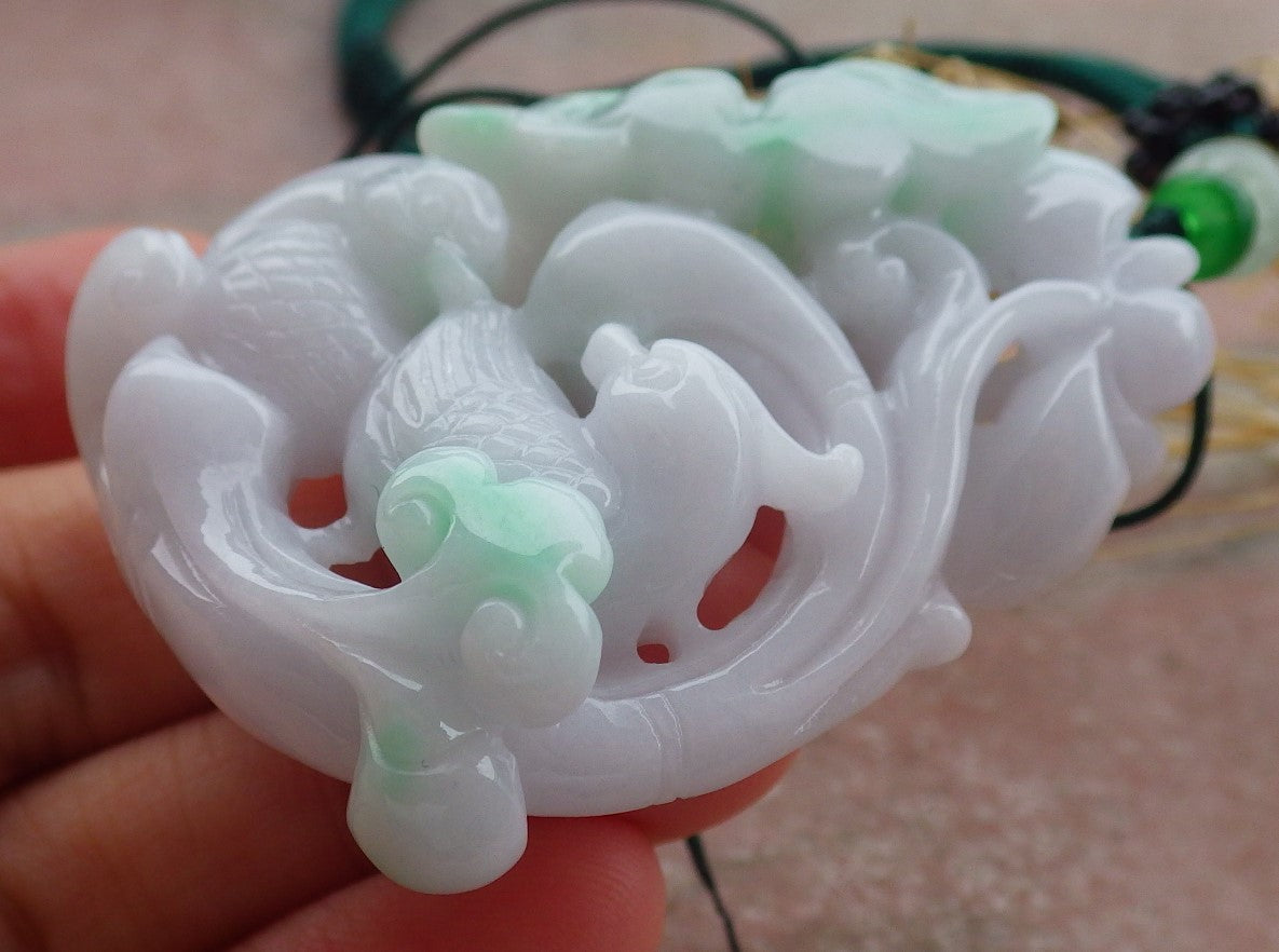Certified Green Burma 100% Natural A Jade jadeite pendant Mandarin Duck Lotus Flower Ruyi Necklace 639622 TN
