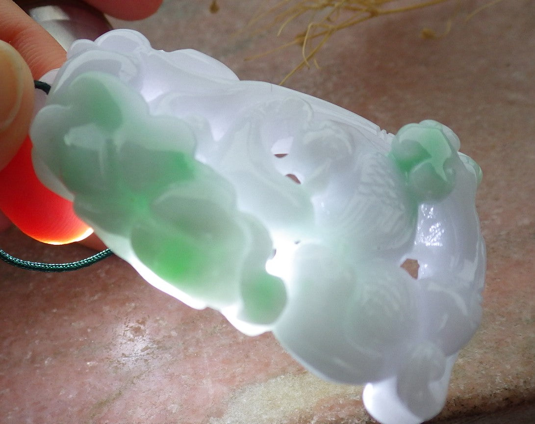 Certified Green Burma 100% Natural A Jade jadeite pendant Mandarin Duck Lotus Flower Ruyi Necklace 639622 TN