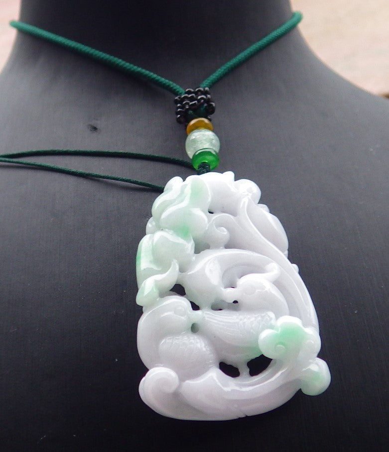 Certified Green Burma 100% Natural A Jade jadeite pendant Mandarin Duck Lotus Flower Ruyi Necklace 639622 TN