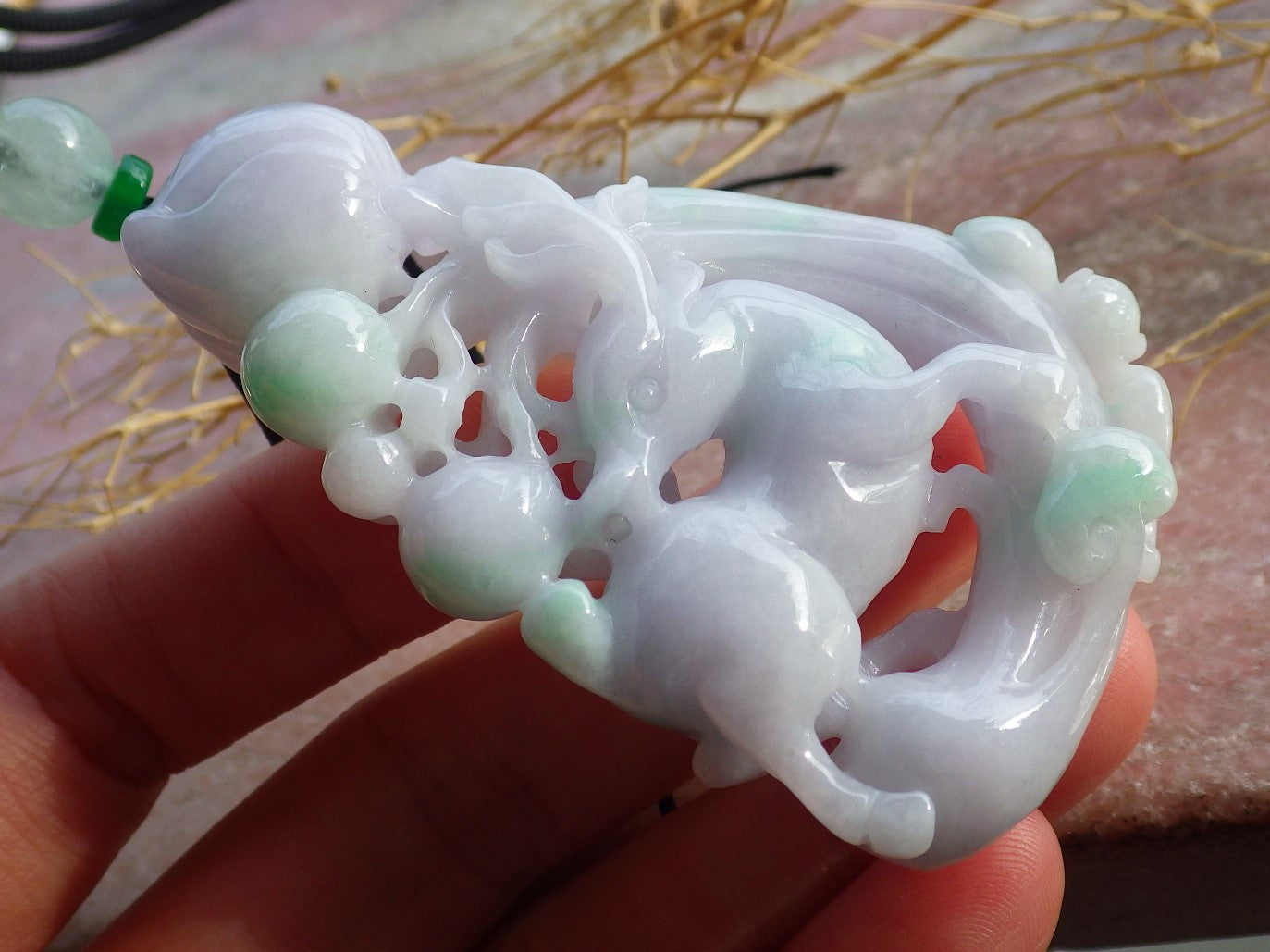 Certified Green Pale Lavender Burma 100% Natural A Jade jadeite Pendant Bat Deer Peach Ruyi Necklace 福禄寿 639731 TN