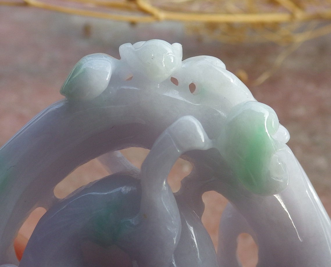 Certified Green Pale Lavender Burma 100% Natural A Jade jadeite Pendant Bat Deer Peach Ruyi Necklace 福禄寿 639731 TN