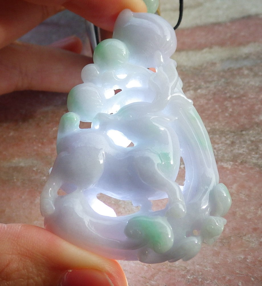 Certified Green Pale Lavender Burma 100% Natural A Jade jadeite Pendant Bat Deer Peach Ruyi Necklace 福禄寿 639731 TN