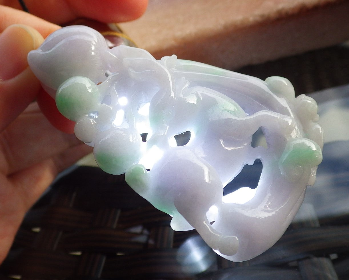 Certified Green Pale Lavender Burma 100% Natural A Jade jadeite Pendant Bat Deer Peach Ruyi Necklace 福禄寿 639731 TN