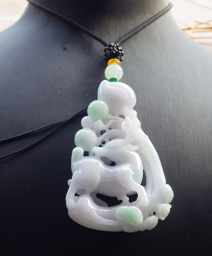 Certified Green Pale Lavender Burma 100% Natural A Jade jadeite Pendant Bat Deer Peach Ruyi Necklace 福禄寿 639731 TN
