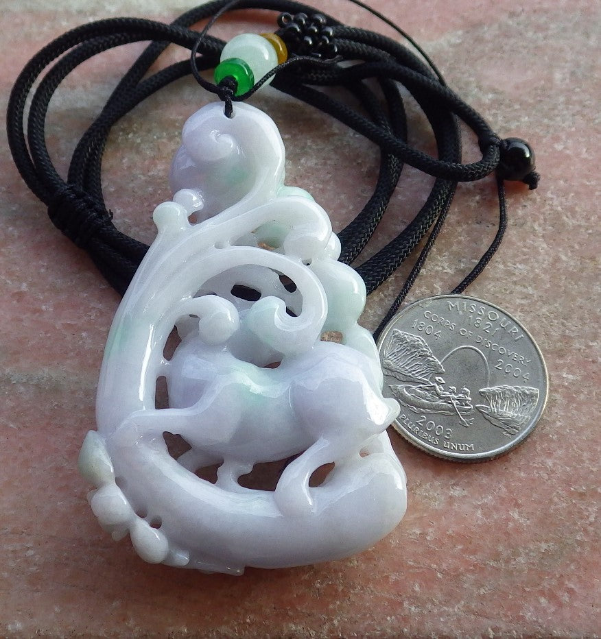 Certified Green Pale Lavender Burma 100% Natural A Jade jadeite Pendant Bat Deer Peach Ruyi Necklace 福禄寿 639731 TN