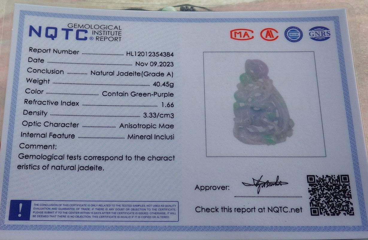 Certified Green Pale Lavender Burma 100% Natural A Jade jadeite Pendant Bat Deer Peach Ruyi Necklace 福禄寿 639731 TN