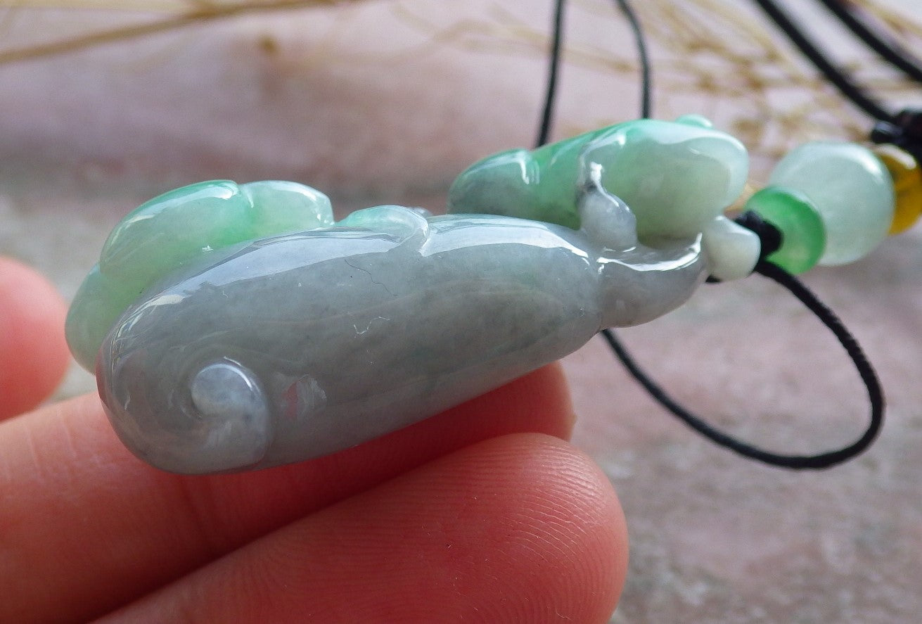Certified Green Burma 100% Natural A Jade jadeite Pendant Frog Toad Ruyi Peach Necklace 招财蟾 639766 TN