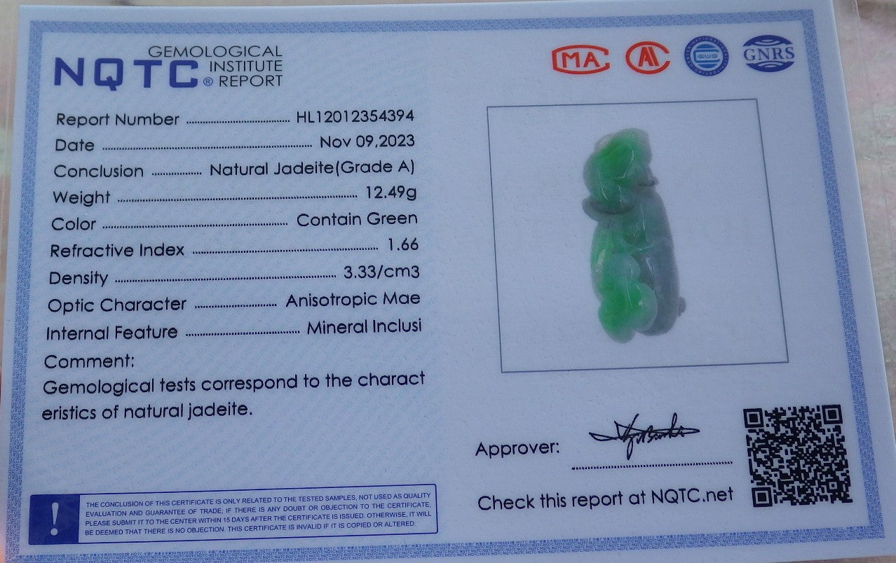 Certified Green Burma 100% Natural A Jade jadeite Pendant Frog Toad Ruyi Peach Necklace 招财蟾 639766 TN