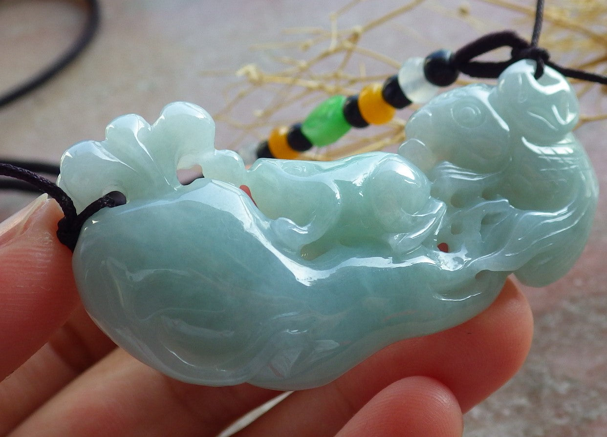 Certified Green Burma 100% Natural A Jade jadeite Pendant Frog Toad Fish Ginseng Coin Necklace 招财蟾 639849 TN