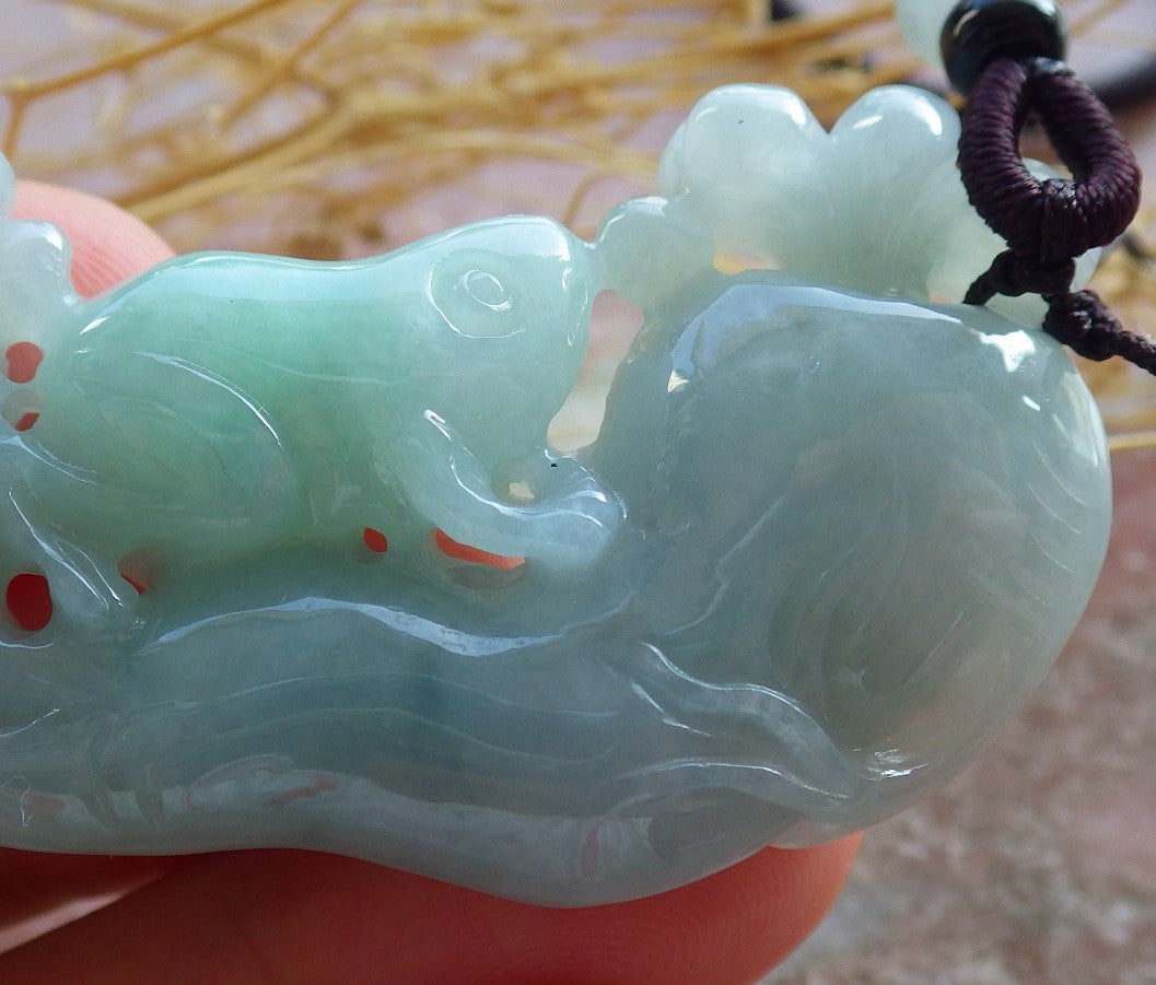 Certified Green Burma 100% Natural A Jade jadeite Pendant Frog Toad Fish Ginseng Coin Necklace 招财蟾 639849 TN