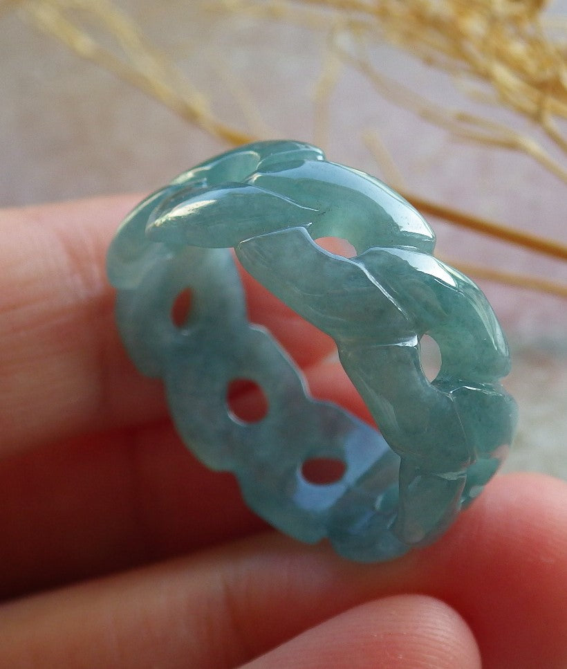 Certified Icy Green Burma 100% Natural A JADE Jadeite Knotted RING USA. 10.25 戒指 639934 TN