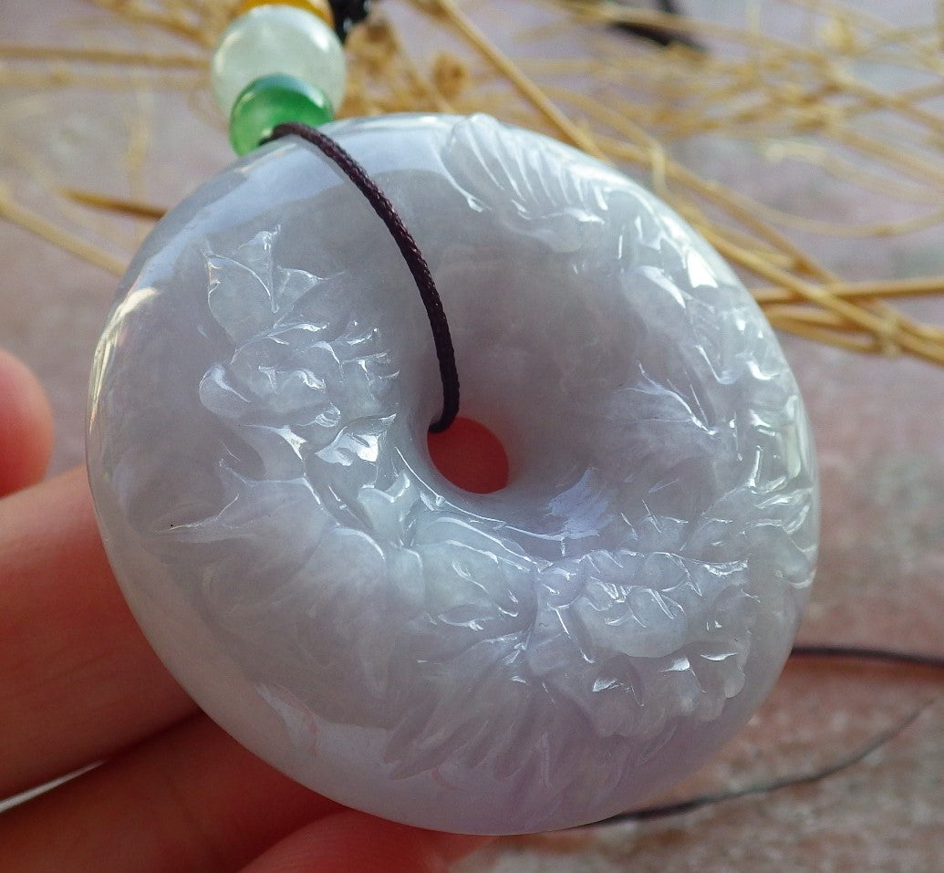Certified Lavender Green Burma 100% Natural A Jade jadeite Pendant Butterfly Flower Circle Necklace 平安扣 639953 TN
