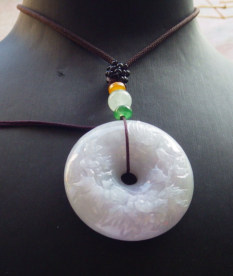 Certified Lavender Green Burma 100% Natural A Jade jadeite Pendant Butterfly Flower Circle Necklace 平安扣 639953 TN