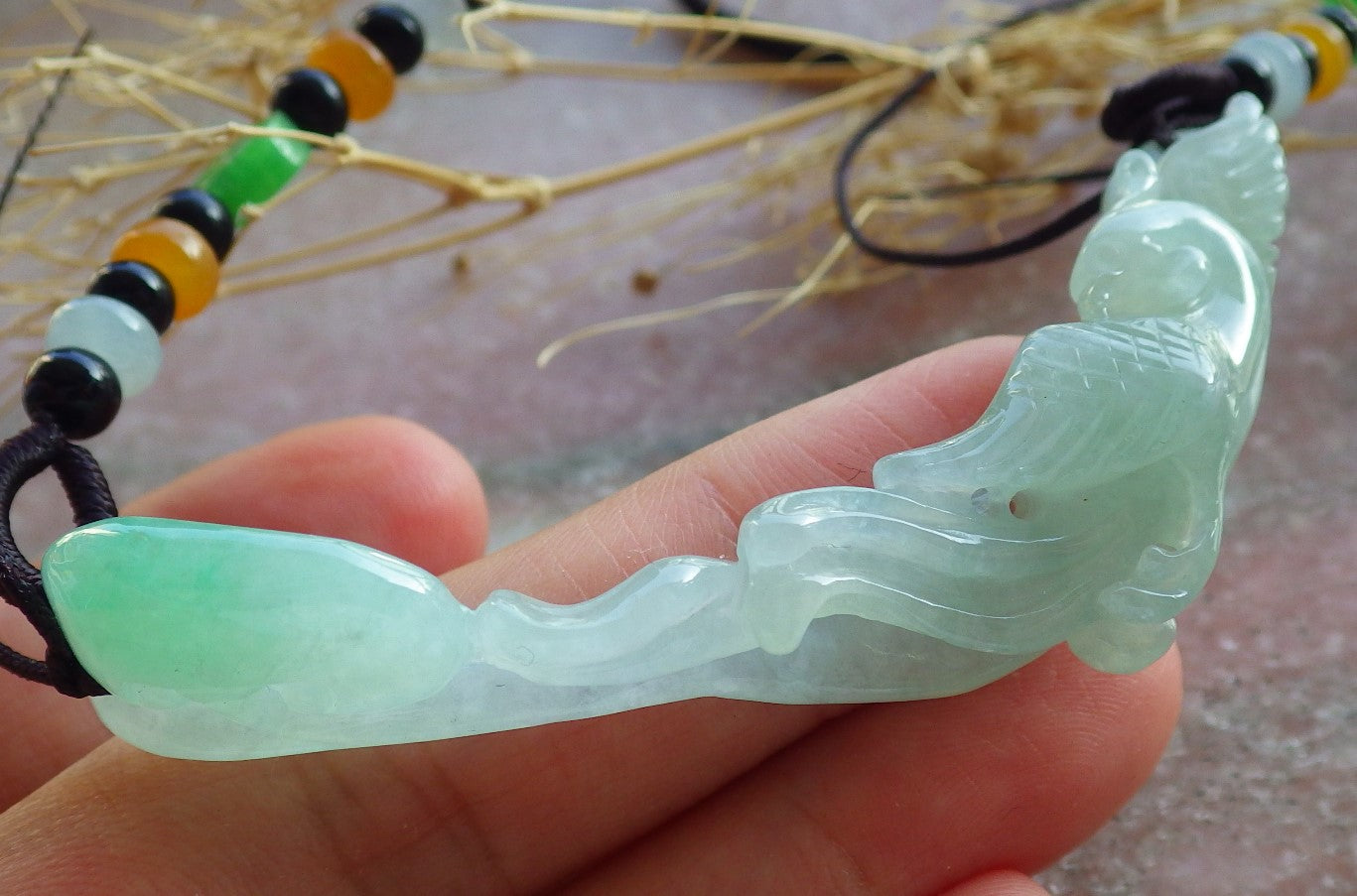 Certified Icy Green Burma 100% Natural A Jade jadeite Pendant Phoenix Ruyi Necklace 凤凰 639968 TN
