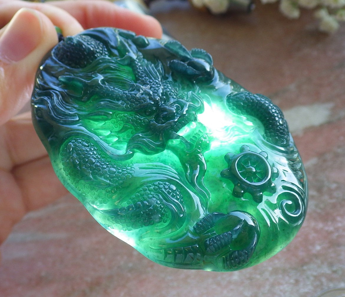 Certified Icy Blue Water Green Burma 100% Natural A Jade jadeite Pendant Dragon Bead Necklace 生意兴隆 640003 TN