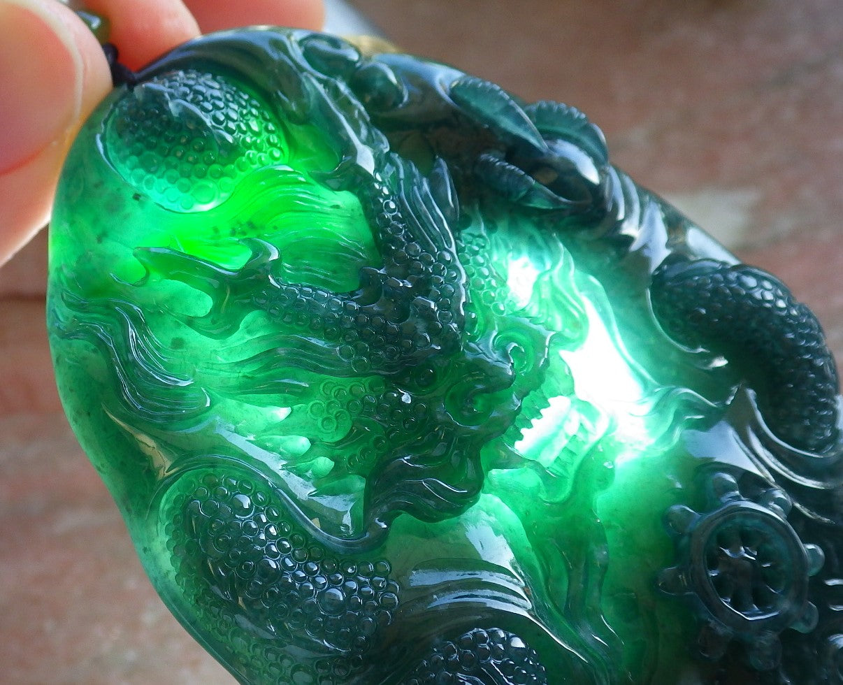 Certified Icy Blue Water Green Burma 100% Natural A Jade jadeite Pendant Dragon Bead Necklace 生意兴隆 640003 TN