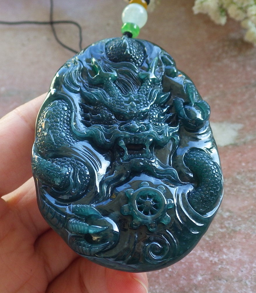 Certified Icy Blue Water Green Burma 100% Natural A Jade jadeite Pendant Dragon Bead Necklace 生意兴隆 640003 TN