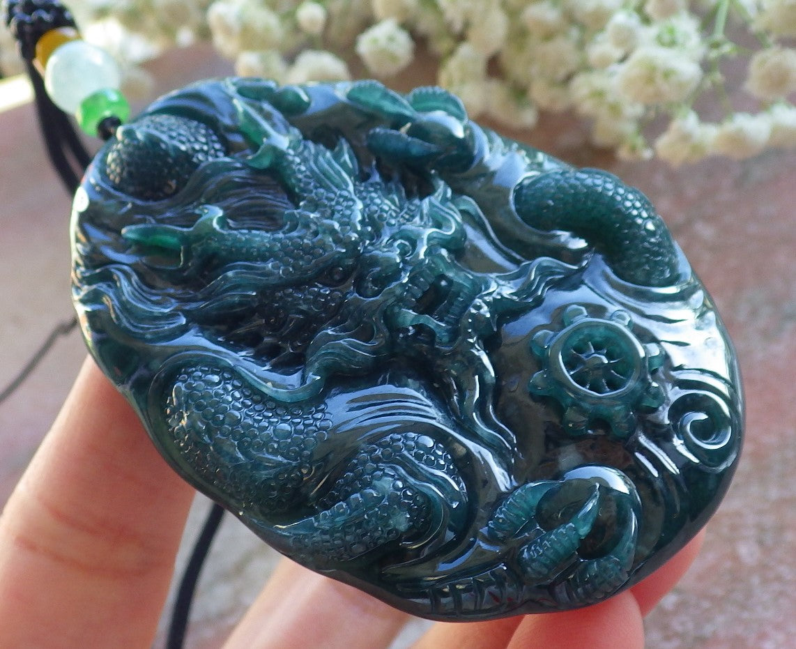 Certified Icy Blue Water Green Burma 100% Natural A Jade jadeite Pendant Dragon Bead Necklace 生意兴隆 640003 TN