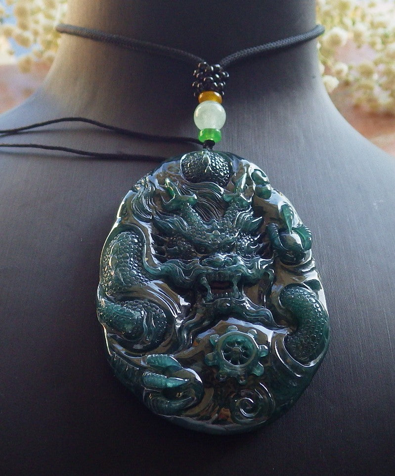 Certified Icy Blue Water Green Burma 100% Natural A Jade jadeite Pendant Dragon Bead Necklace 生意兴隆 640003 TN