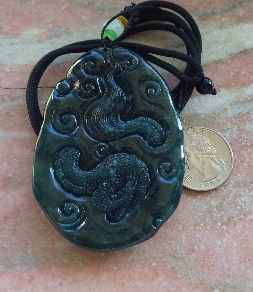 Certified Icy Blue Water Green Burma 100% Natural A Jade jadeite Pendant Dragon Bead Necklace 生意兴隆 640003 TN