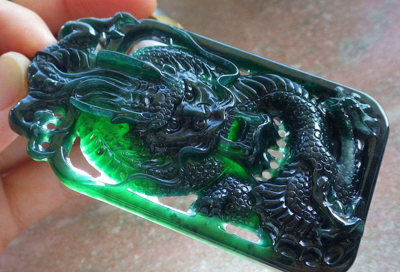 Certified Icy Blue Water Green Burma 100% Natural A Jade jadeite Pendant Dragon Coin Necklace 生意兴隆 640012 TN