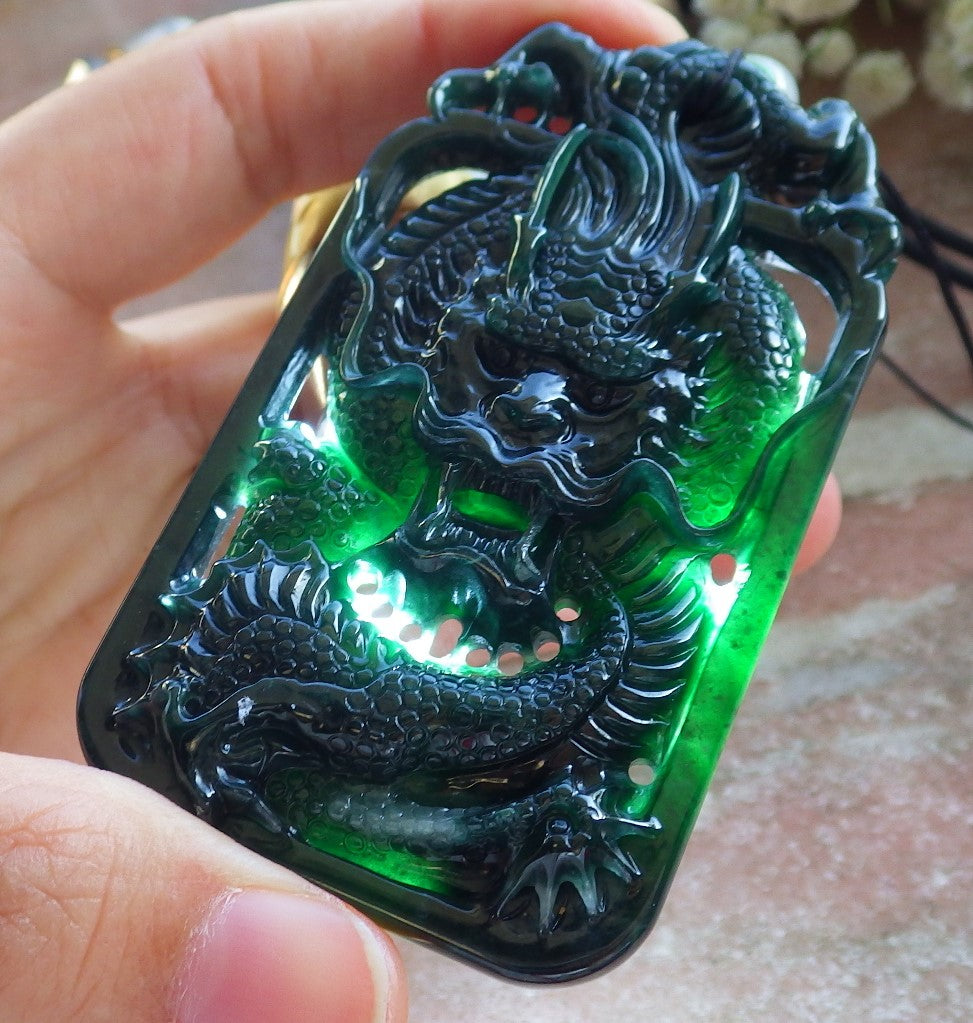 Certified Icy Blue Water Green Burma 100% Natural A Jade jadeite Pendant Dragon Coin Necklace 生意兴隆 640012 TN
