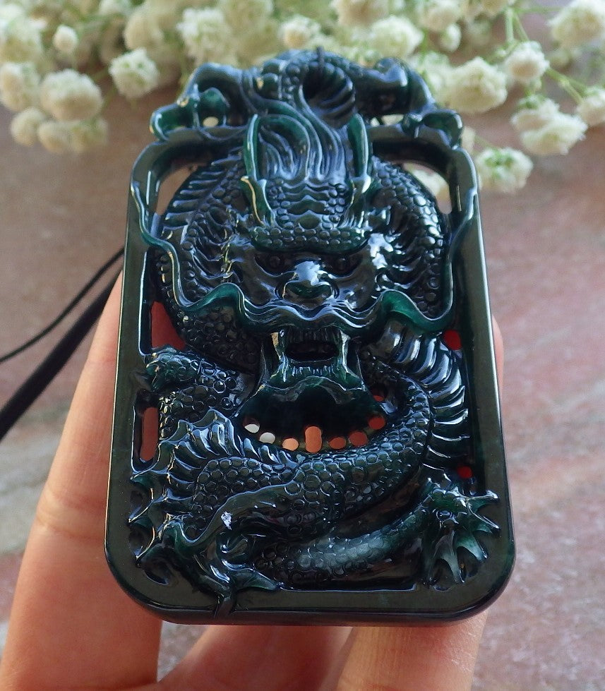 Certified Icy Blue Water Green Burma 100% Natural A Jade jadeite Pendant Dragon Coin Necklace 生意兴隆 640012 TN