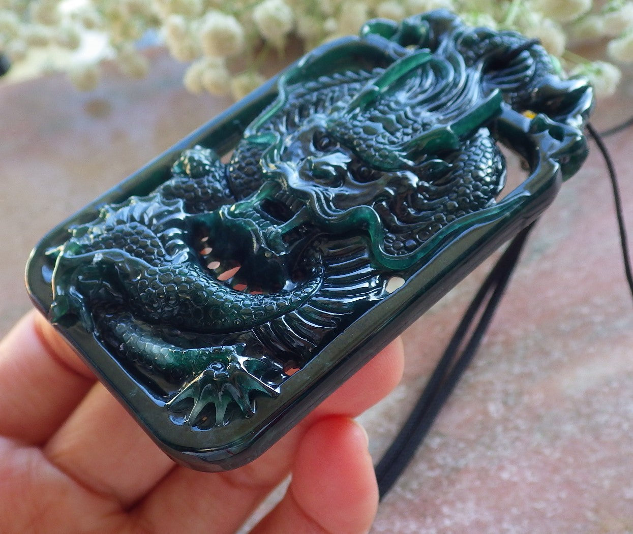 Certified Icy Blue Water Green Burma 100% Natural A Jade jadeite Pendant Dragon Coin Necklace 生意兴隆 640012 TN