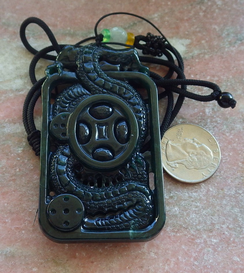 Certified Icy Blue Water Green Burma 100% Natural A Jade jadeite Pendant Dragon Coin Necklace 生意兴隆 640012 TN