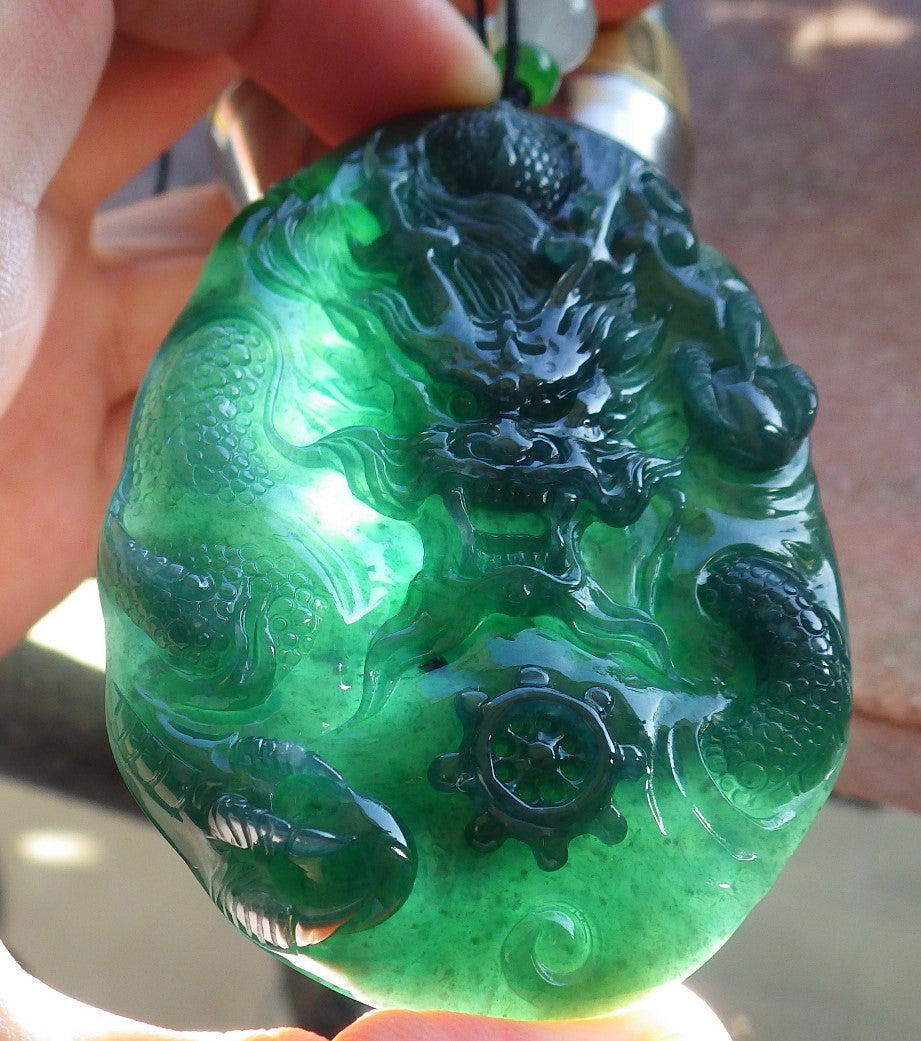 Certified Icy Blue Water Green Burma 100% Natural A Jade jadeite Pendant Dragon Bead Necklace 生意兴隆 640046 TN