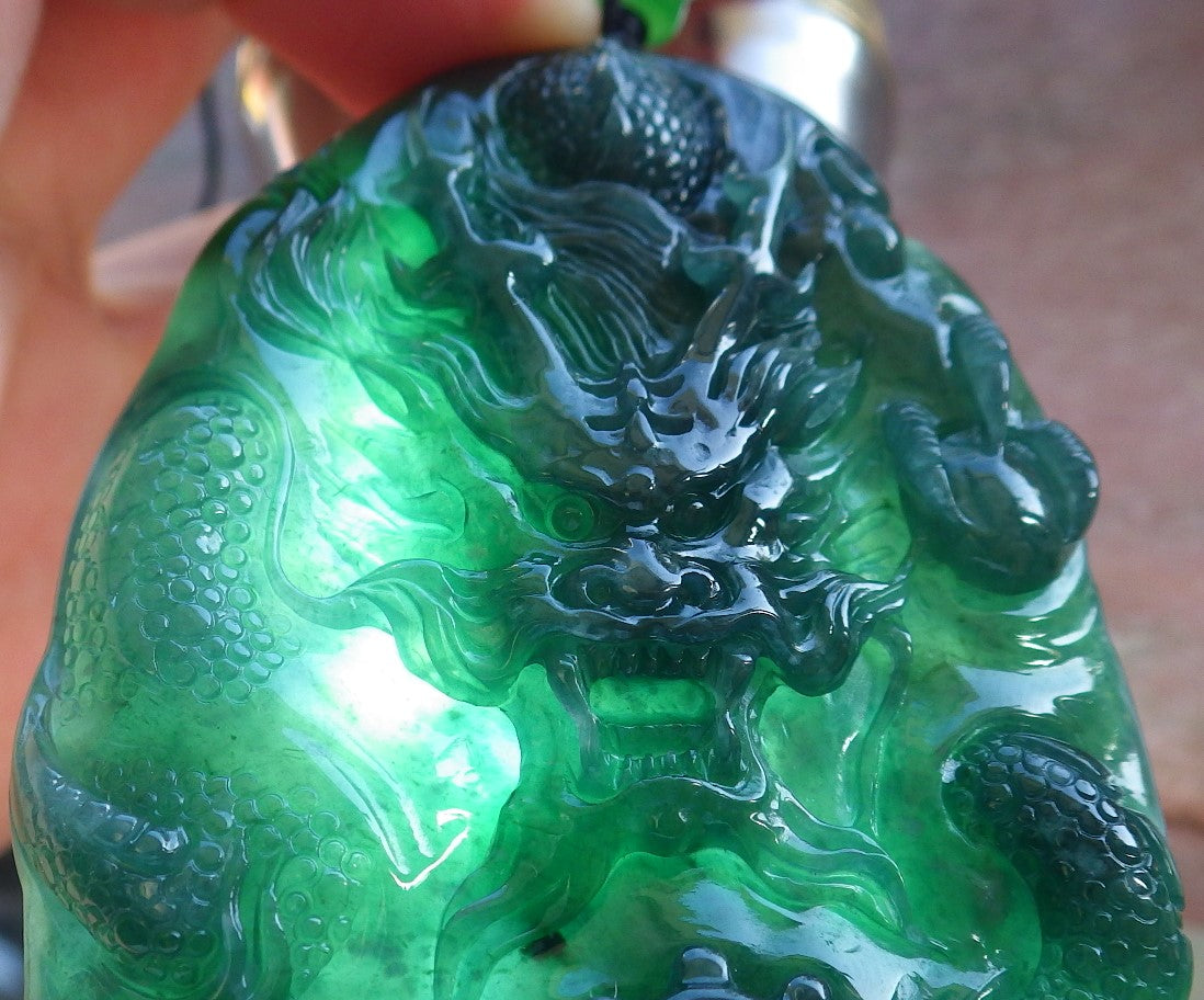 Certified Icy Blue Water Green Burma 100% Natural A Jade jadeite Pendant Dragon Bead Necklace 生意兴隆 640046 TN