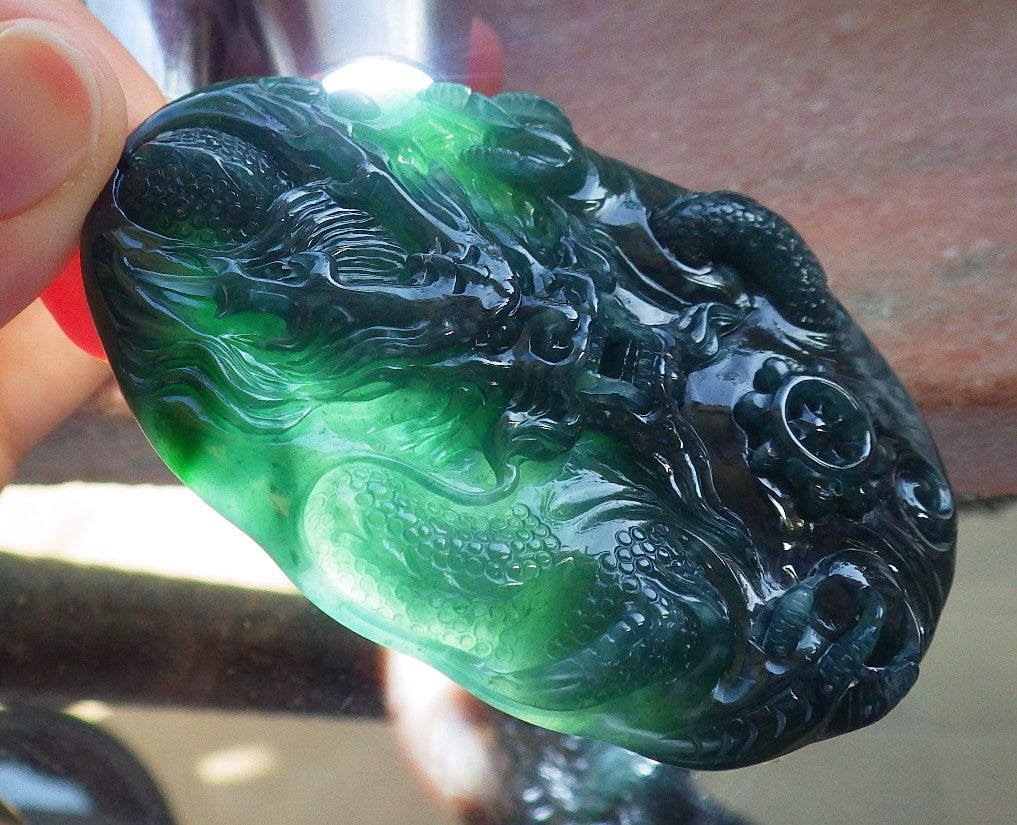 Certified Icy Blue Water Green Burma 100% Natural A Jade jadeite Pendant Dragon Bead Necklace 生意兴隆 640046 TN