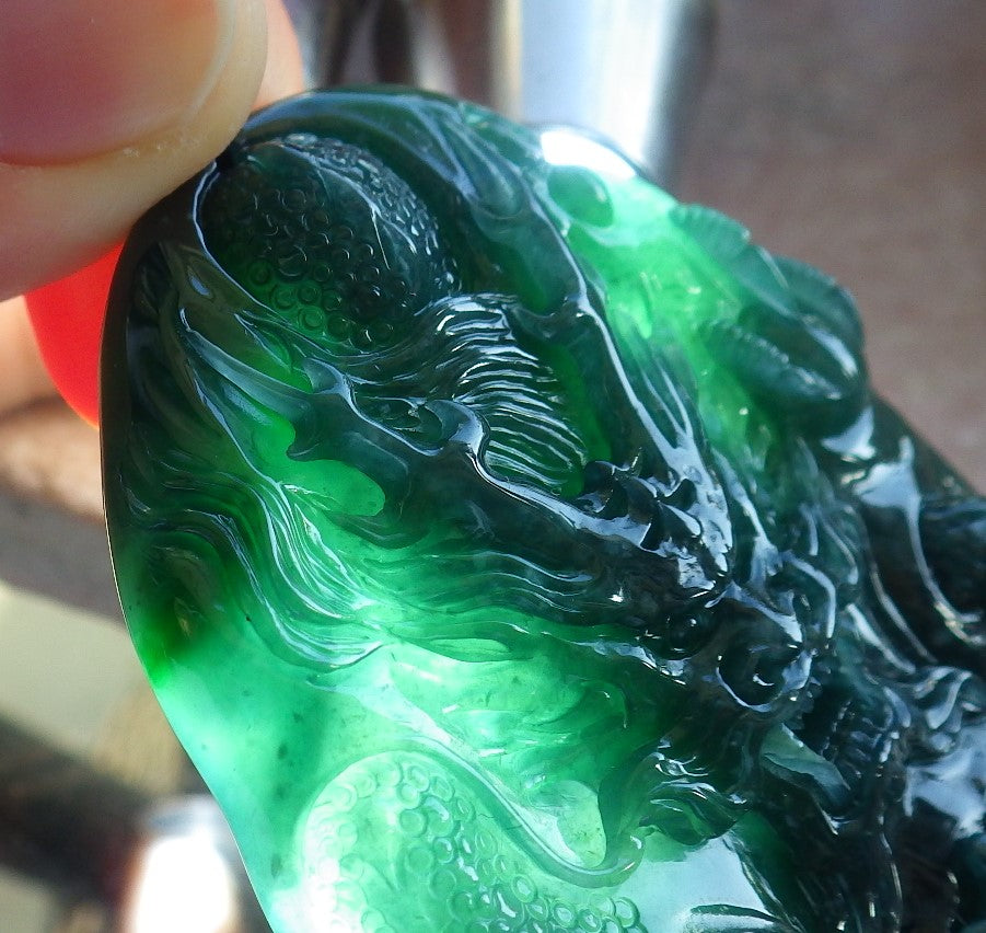 Certified Icy Blue Water Green Burma 100% Natural A Jade jadeite Pendant Dragon Bead Necklace 生意兴隆 640046 TN