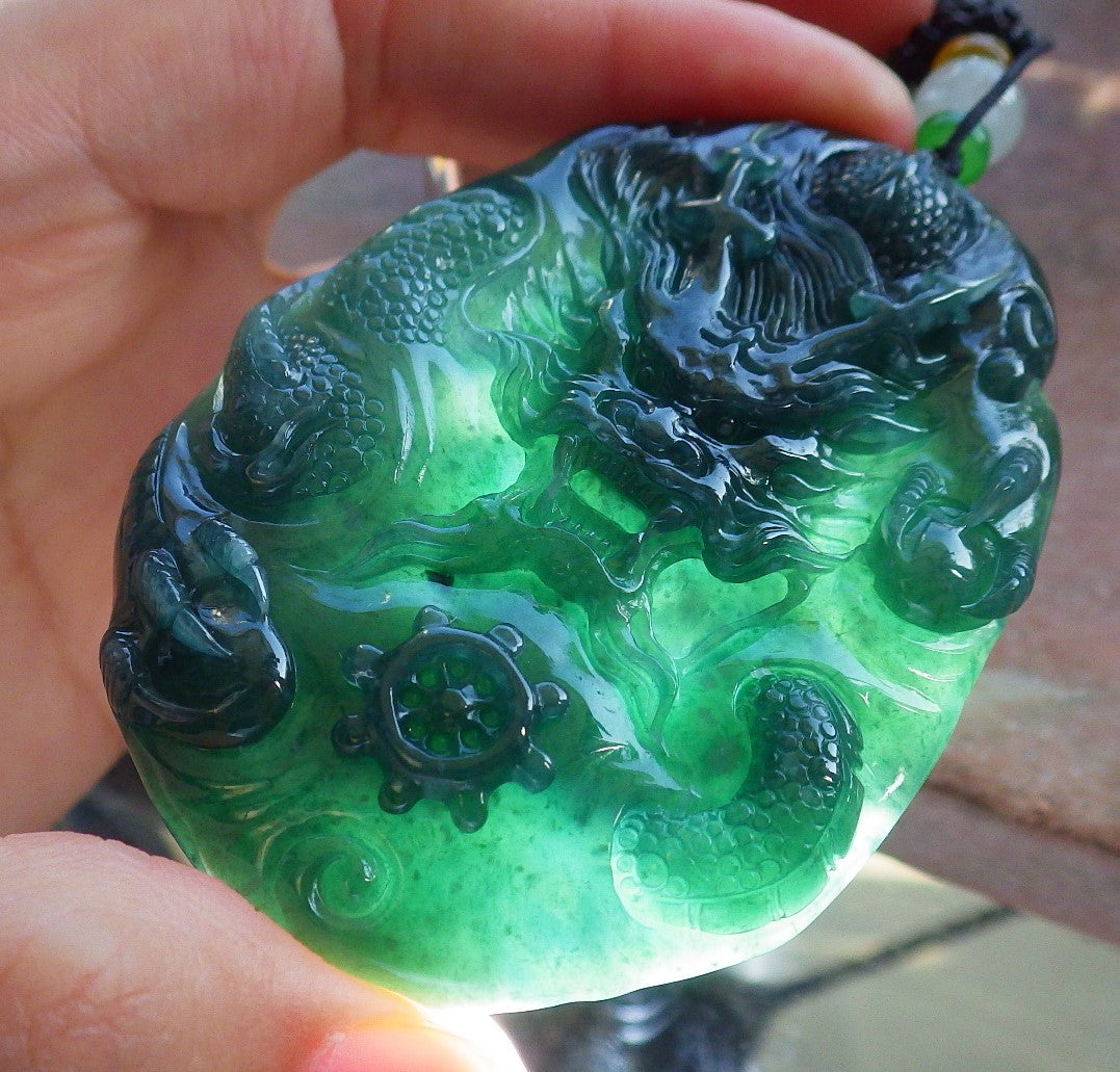 Certified Icy Blue Water Green Burma 100% Natural A Jade jadeite Pendant Dragon Bead Necklace 生意兴隆 640046 TN