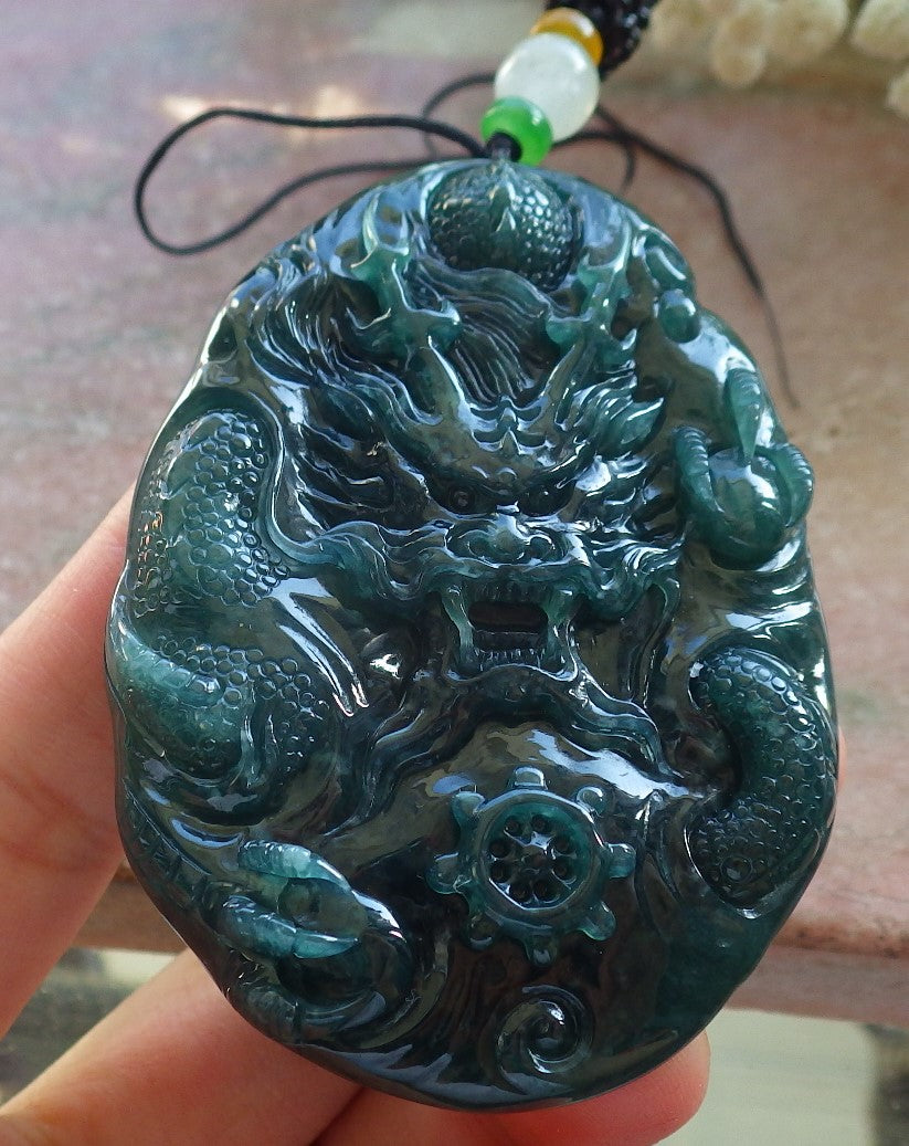 Certified Icy Blue Water Green Burma 100% Natural A Jade jadeite Pendant Dragon Bead Necklace 生意兴隆 640046 TN