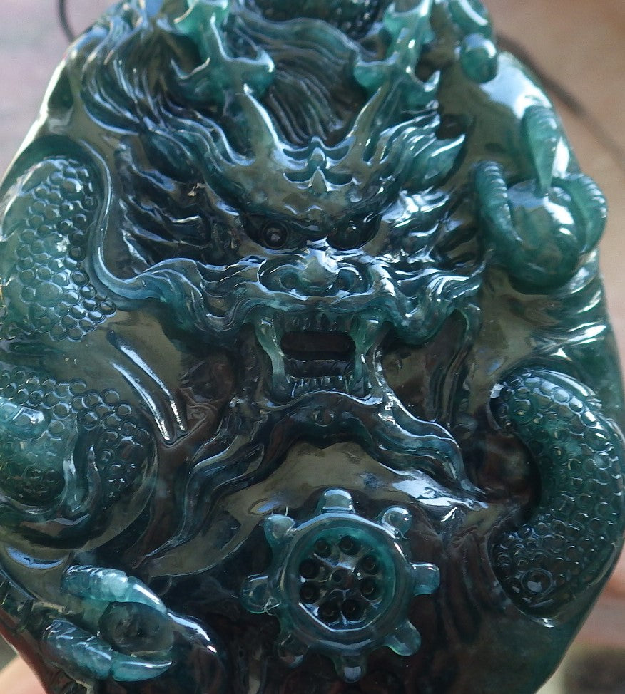 Certified Icy Blue Water Green Burma 100% Natural A Jade jadeite Pendant Dragon Bead Necklace 生意兴隆 640046 TN