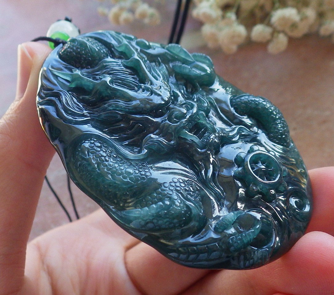 Certified Icy Blue Water Green Burma 100% Natural A Jade jadeite Pendant Dragon Bead Necklace 生意兴隆 640046 TN